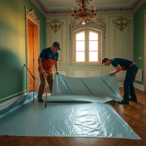 Dva technici Kanceláře Procházka pokládají ochrannou fólii na dřevěnou podlahu před opravou zdi